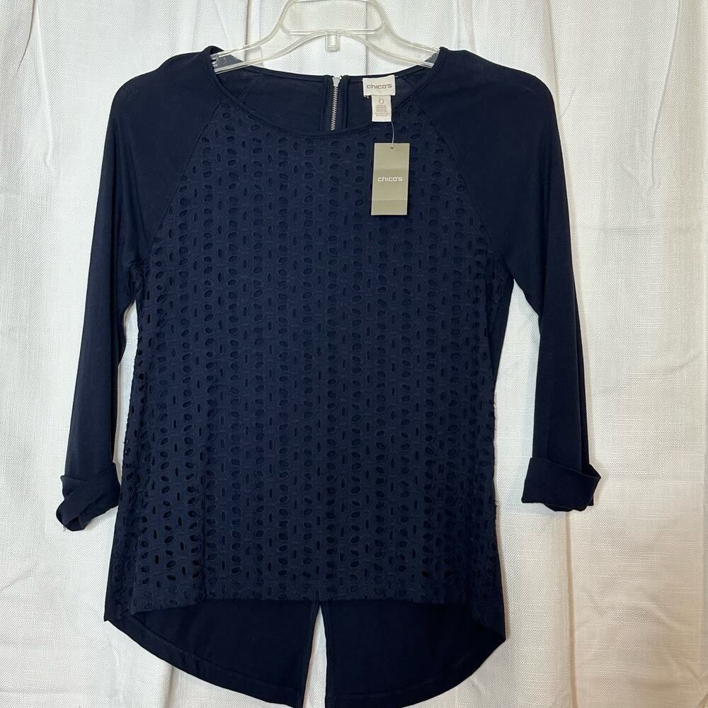 NWT Chico's Emilie Eyelet Top 3/4 Sleeve Navy Blue Size Chico's 0 (Small 4)